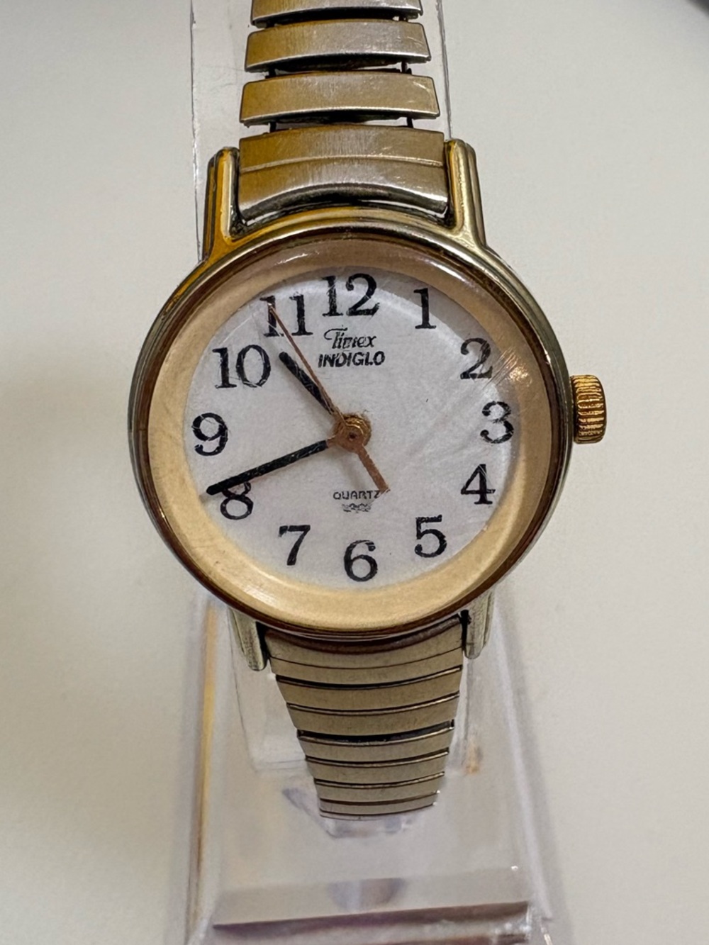 Vintage Timex Indiglo Gold-Tone Case Silver Expansion Band Watch - White Dial